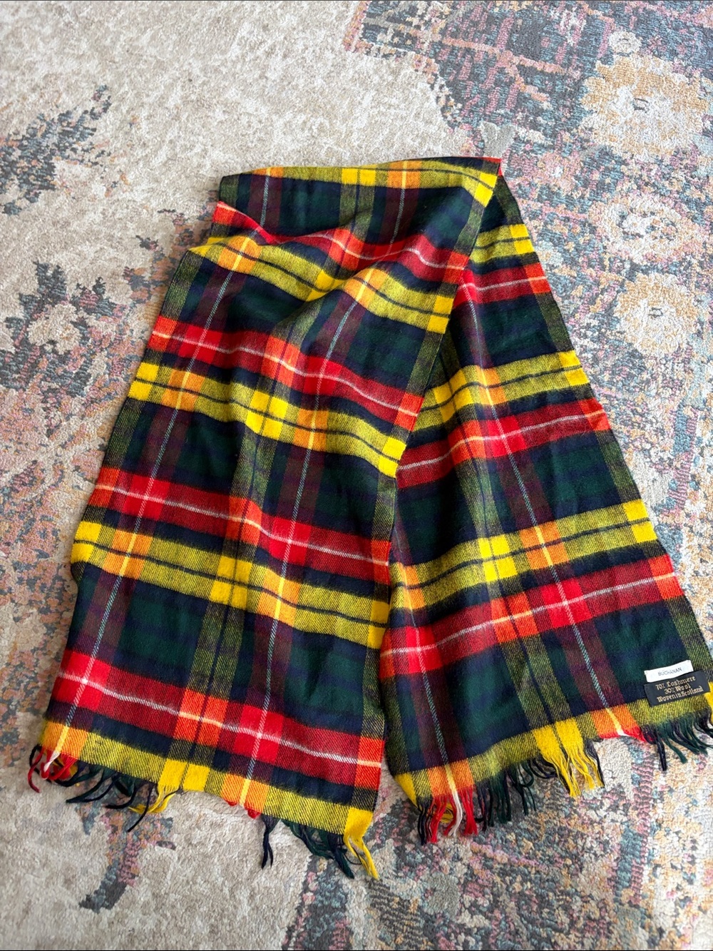Plaid Fringe Wool Scarf in Red, Yellow, Green